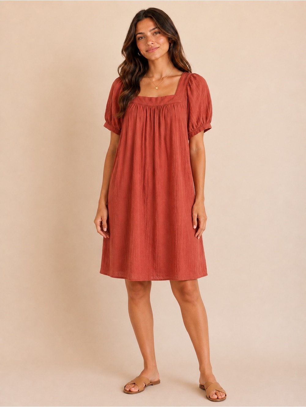 NWT Old Navy Peach Mini Dress Small Tall Puff Sleeve Square Neck Babydoll Dress